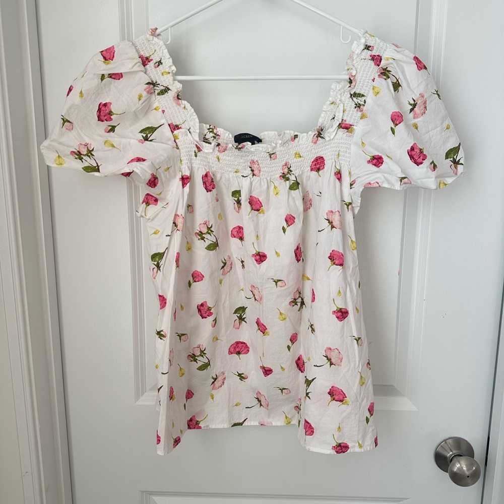 J. Crew White Blouse with Pink and Green Floral Pattern